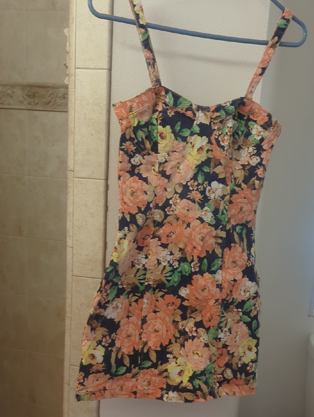 Denim Floral Sundress in Navy and Peach